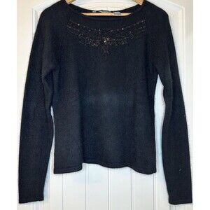 Hillard & Hanson Black Angora Wool Blend Knit Sweater Beaded Sequin Floral SZ L